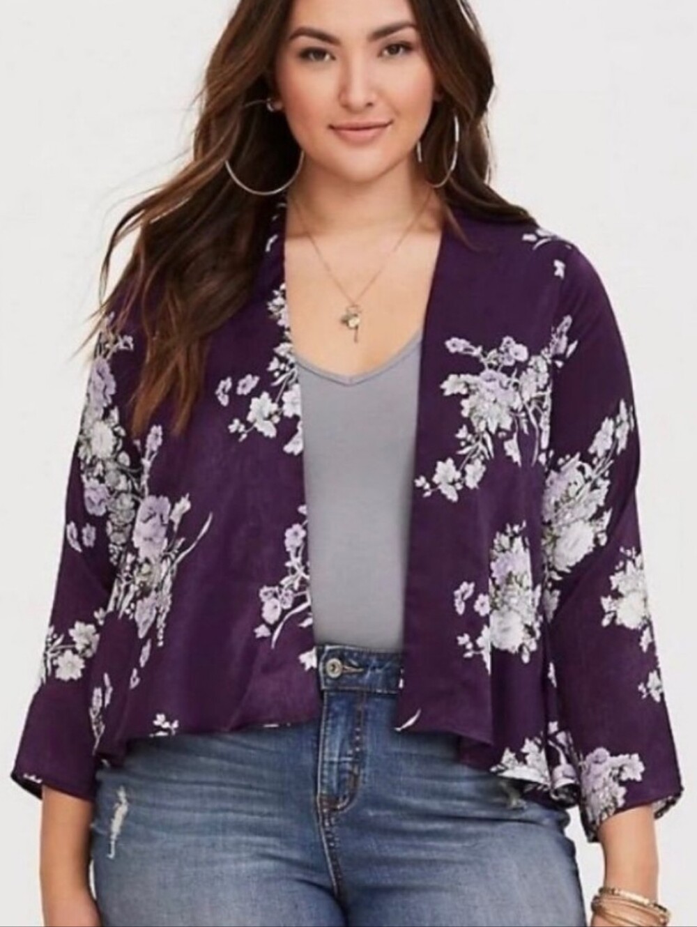 TORRID PURPLE Y2K Dark fairy kimono Top Plum Floral Open-Front Cardigan Plus